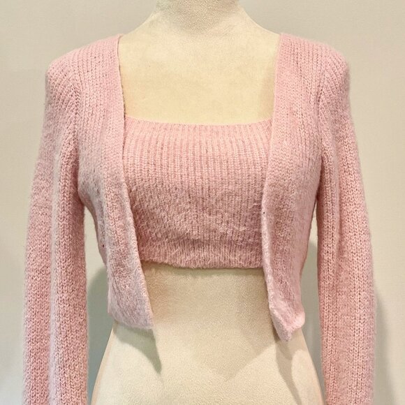 Cider Pink Fuzzy Soft Long Sleeve Crop Cardigan with built in Cami Sweater Top - Picture 1 of 8